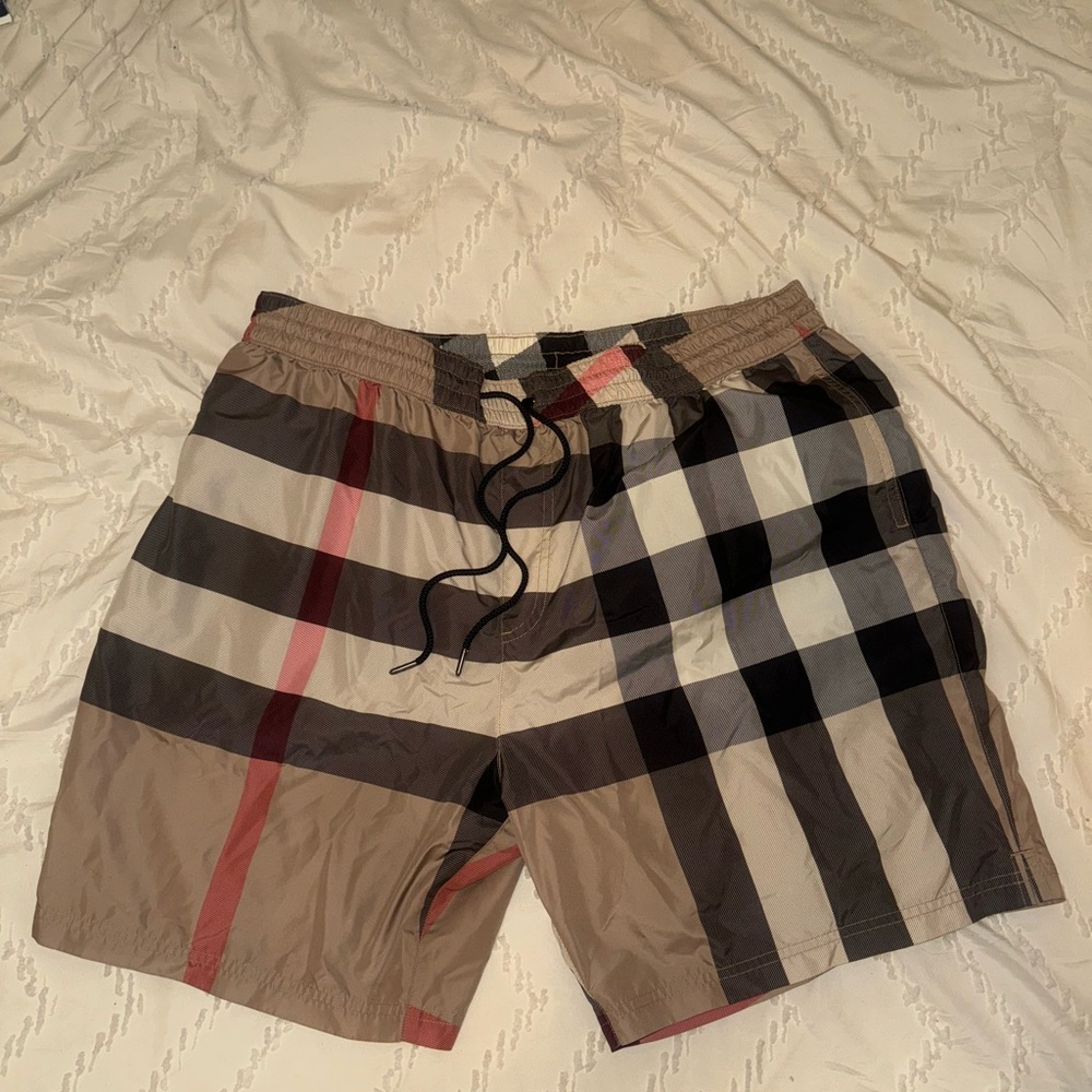 Burberry Tan and Black Swim Trunks Classic Check Design